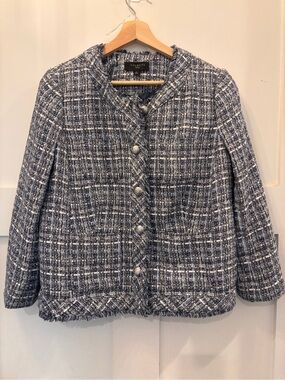 Talbots Navy and White Tweed Collarless Button Jacket
